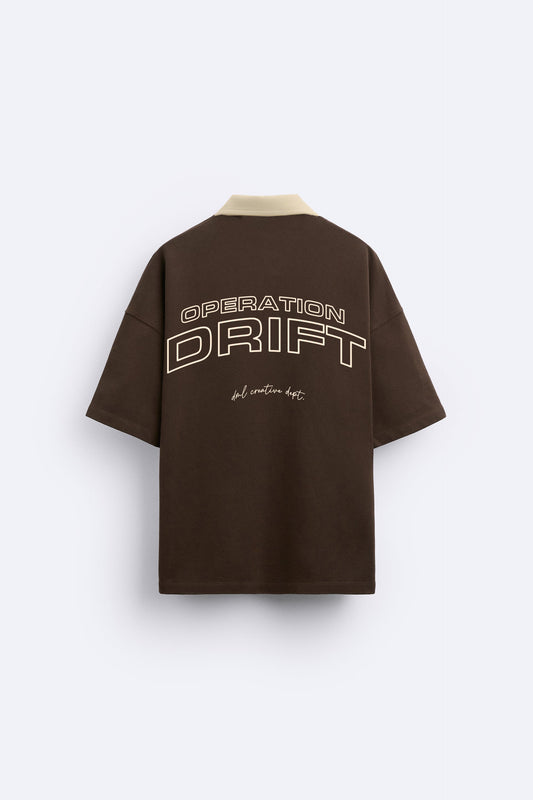 CONTRAST BROWN OPERATION DRIFT FRENCH TERRY OVERSIZED POLO SHIRT