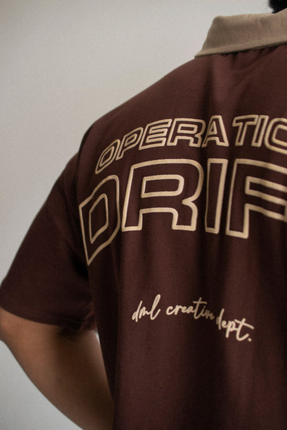 CONTRAST BROWN OPERATION DRIFT FRENCH TERRY OVERSIZED POLO SHIRT