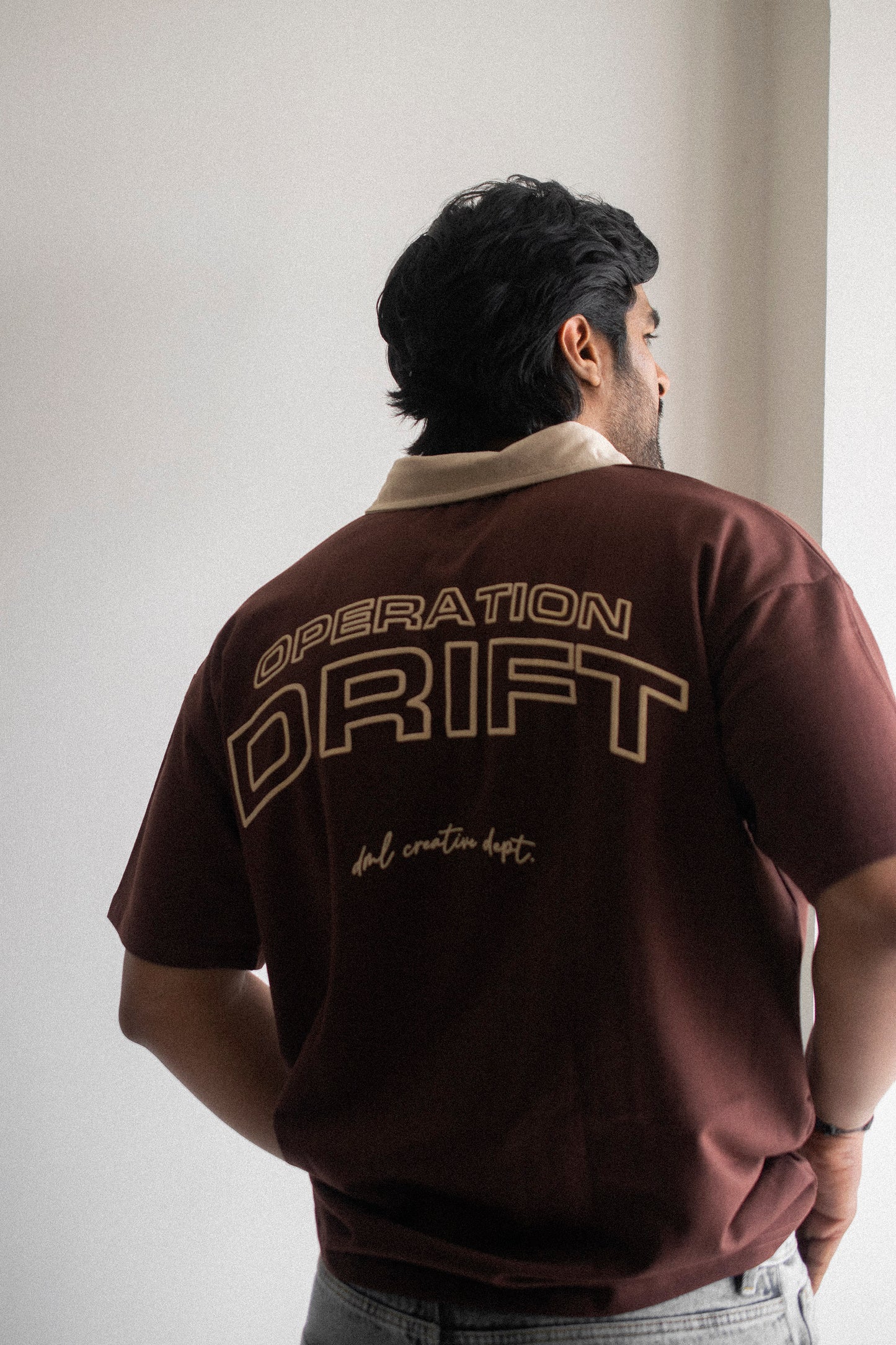 CONTRAST BROWN OPERATION DRIFT FRENCH TERRY OVERSIZED POLO SHIRT