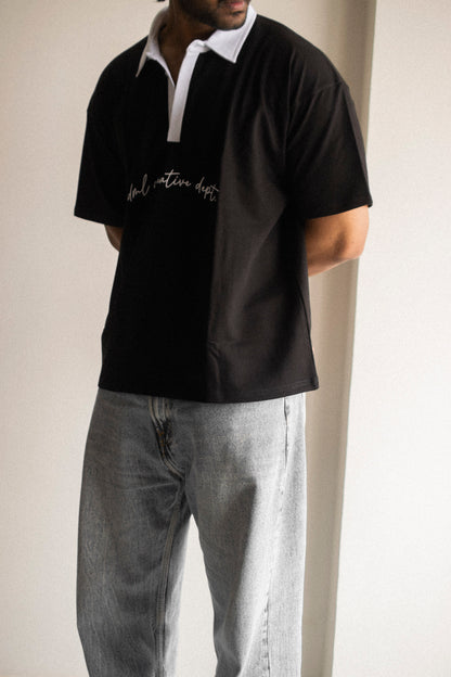 CONTRAST BLACK OPERATION DRIFT FRENCH TERRY OVERSIZED POLO SHIRT