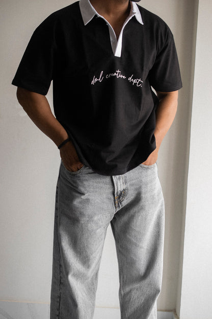 CONTRAST BLACK OPERATION DRIFT FRENCH TERRY OVERSIZED POLO SHIRT