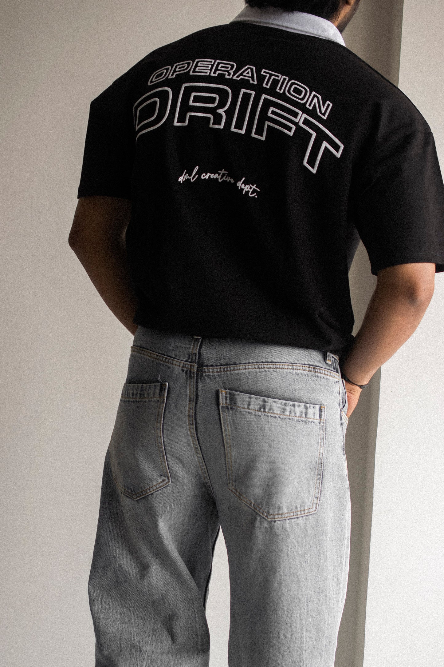 CONTRAST BLACK OPERATION DRIFT FRENCH TERRY OVERSIZED POLO SHIRT