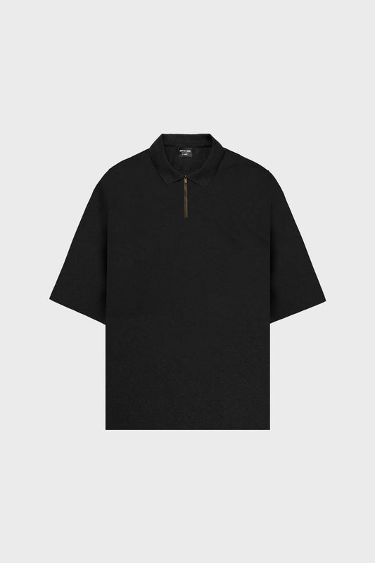 SUPER BLACK SOFT PIQUE KNIT OVERSIZED ZIP POLO SHIRT