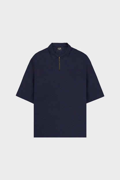 SUPER NAVY SOFT PIQUE KNIT OVERSIZED ZIP POLO SHIRT